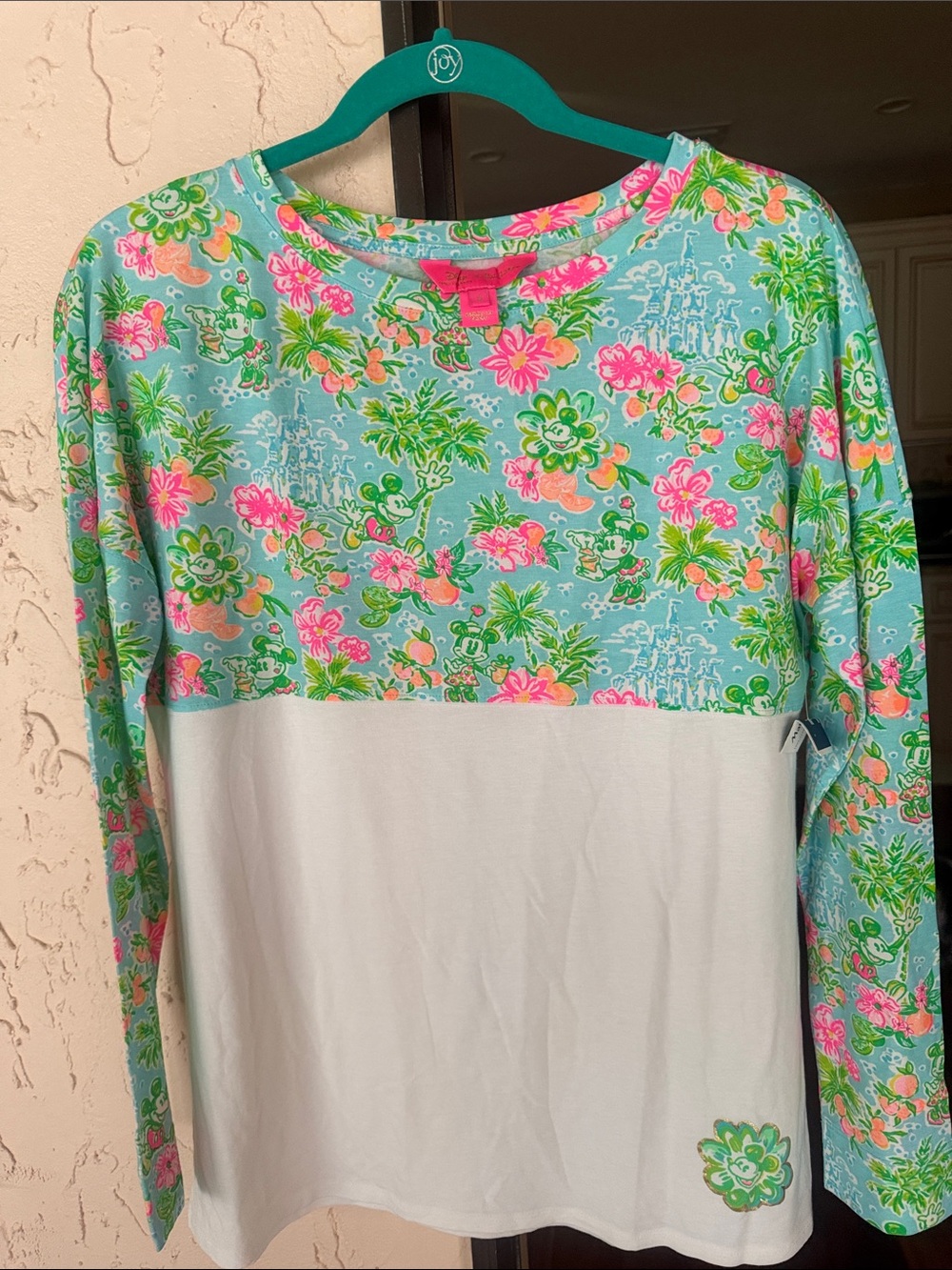 Lilly Pulitzer Aqua Floral Crewneck Top with Pink Accents